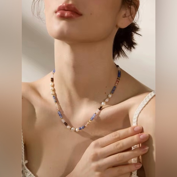 18K Gold Plated Gemstone Necklace*Lapis Lazuli*Freshwater Pearls*Tourmaline* - Picture 2 of 8